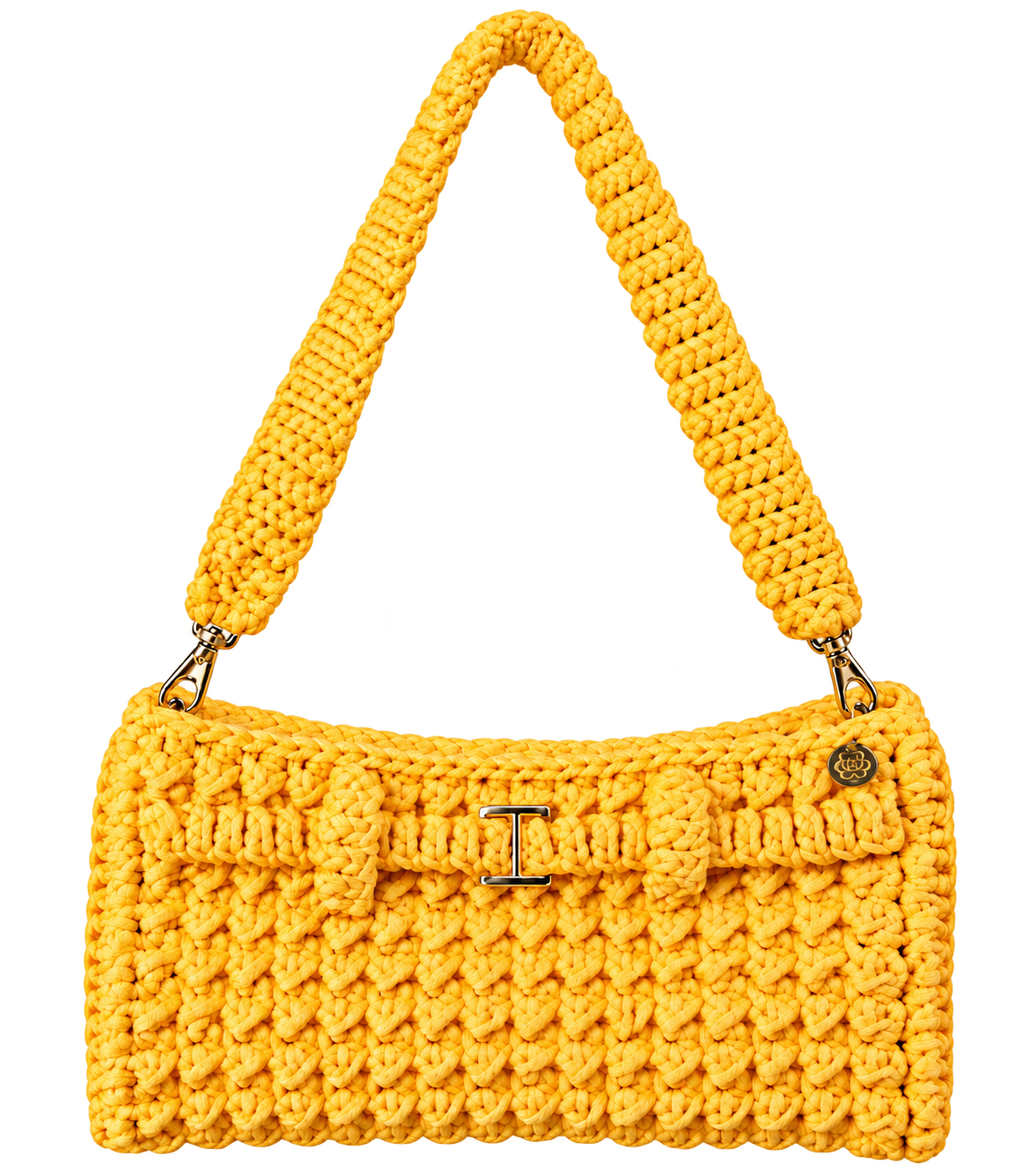 Bolsa Dani amarela: o mesmo modelo com textura artesanal e ferragens douradas